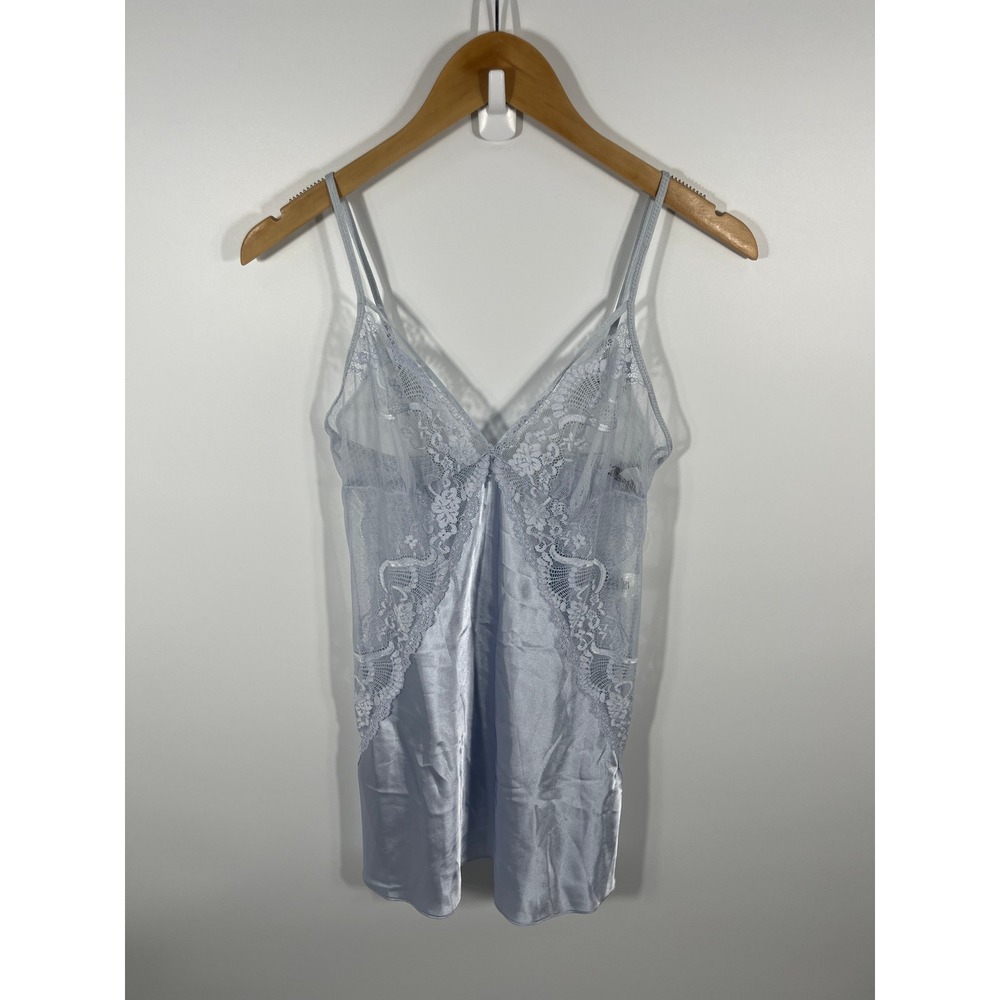 Womens Babydoll Mini Slip Dress S Blue Lace Sheer Fairy Feminine Layering